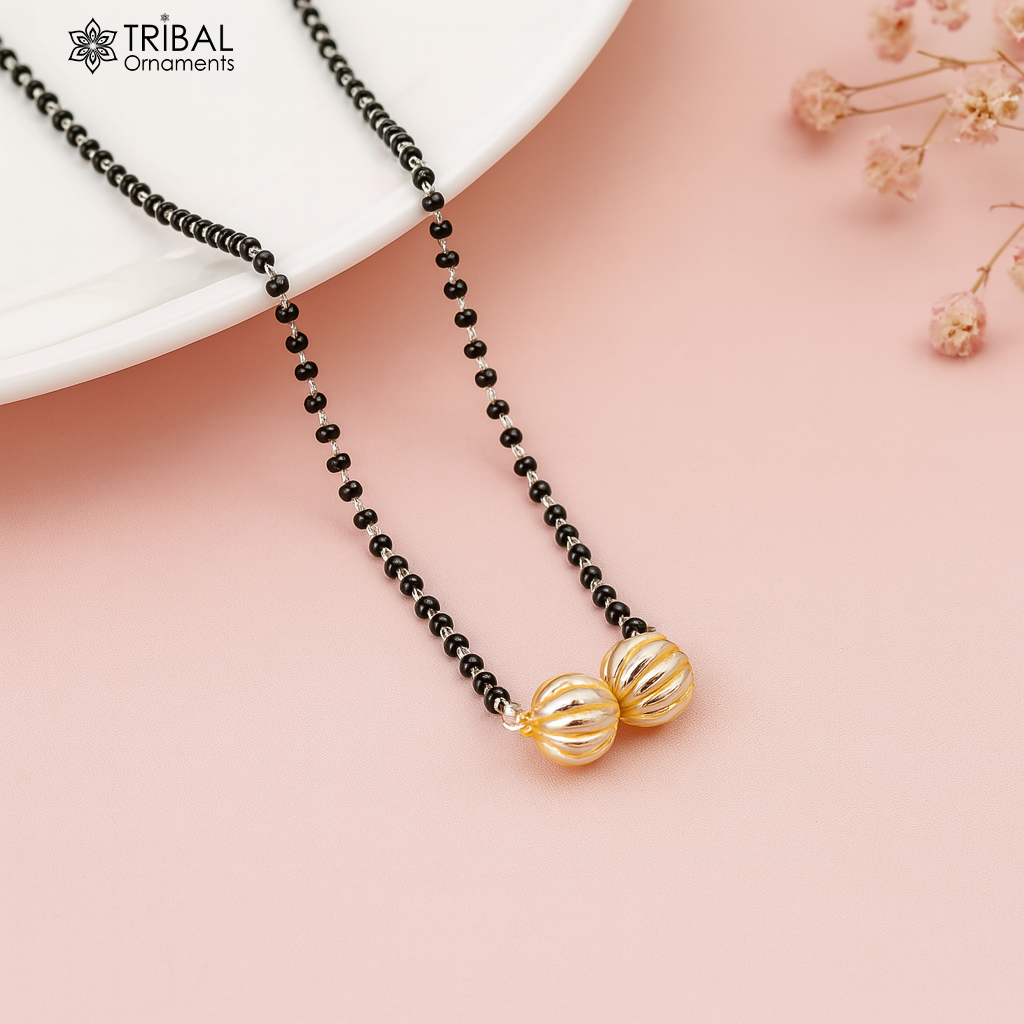 Pure 925 sterling silver black beads chain necklace, vintage ball pendant, traditional style brides Mangalsutra necklace set445