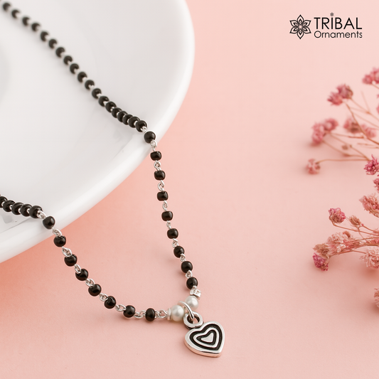 925 sterling silver black beads chain necklace, vintage Style pendant, traditional style brides Delicate necklace for girl's  set503