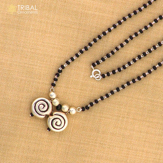 925 sterling silver black beads chain necklace, vintage south indian Style pendant, traditional style brides Mangalsutra necklace set506