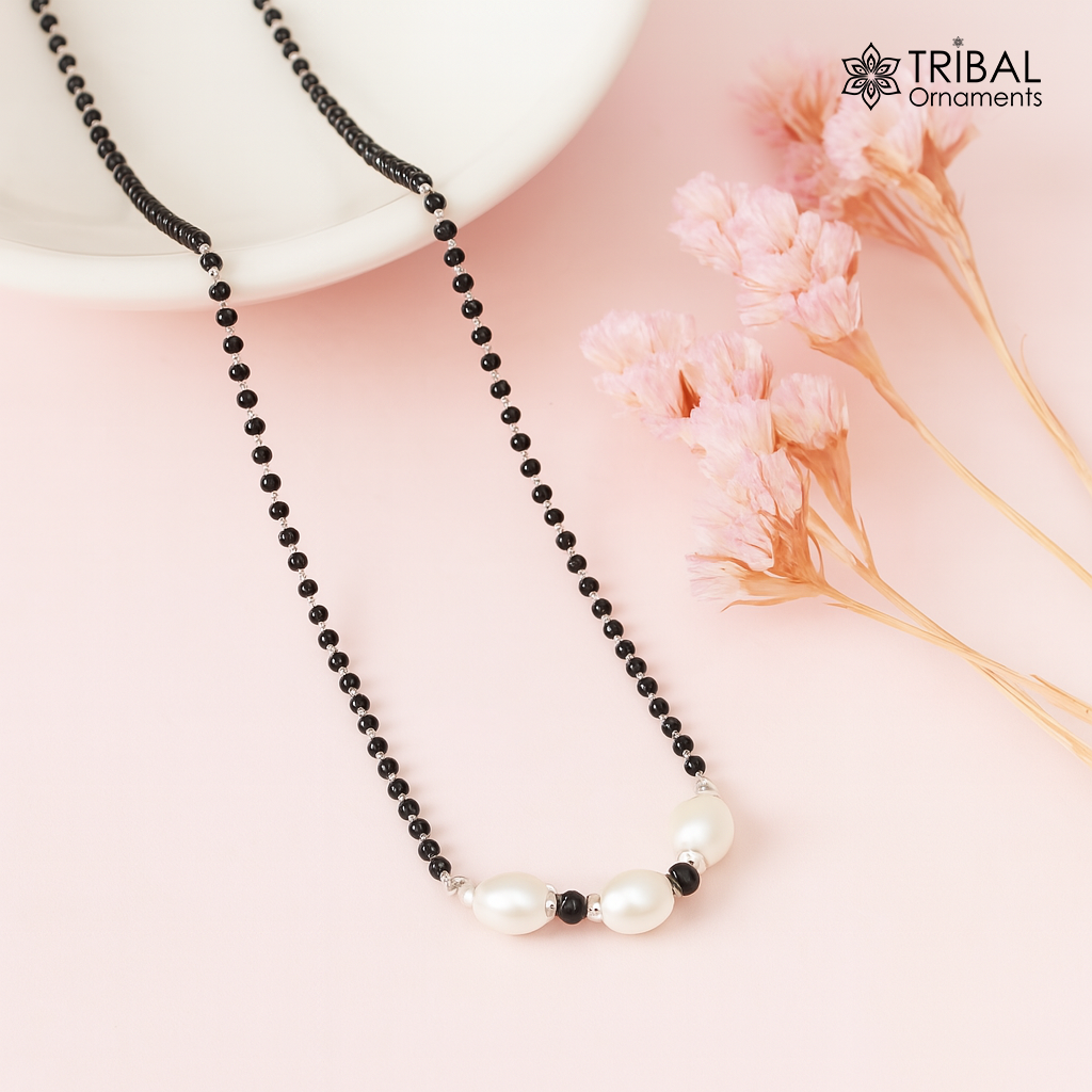 Elegant 925 sterling silver black beads chain necklace, gorgeous small stone design pendant, Mangalsutra chain beaded necklace set639