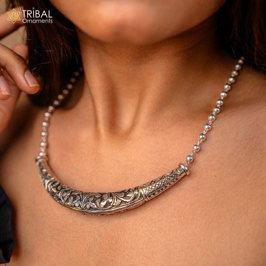 18 to 24" long Vintage Indian traditional style trendy 925 sterling silver chitai necklace, choker tribal jewelry SET700