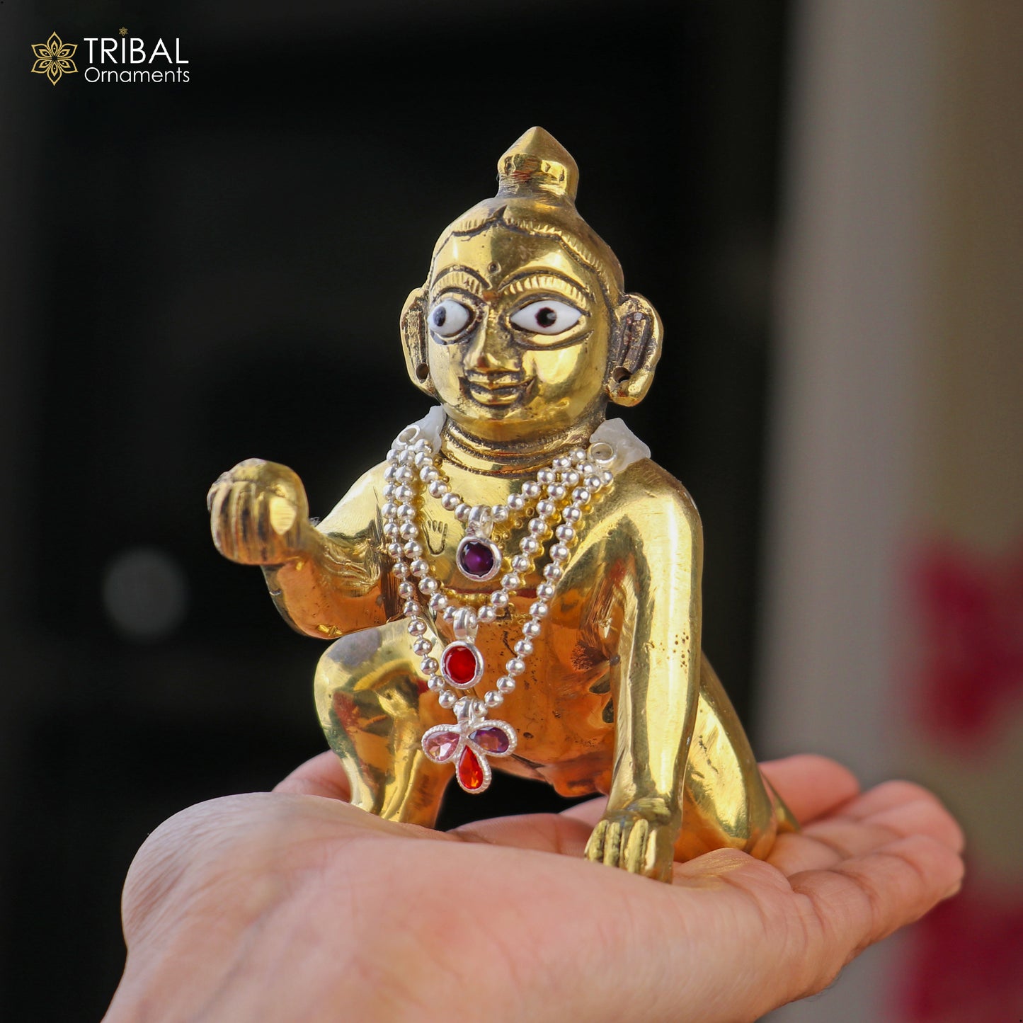 925 sterling silver 3-line beaded chain necklace featuring Lord Krishna Laddu Gopala jewelry set by TRIBAL ORNAMENTS