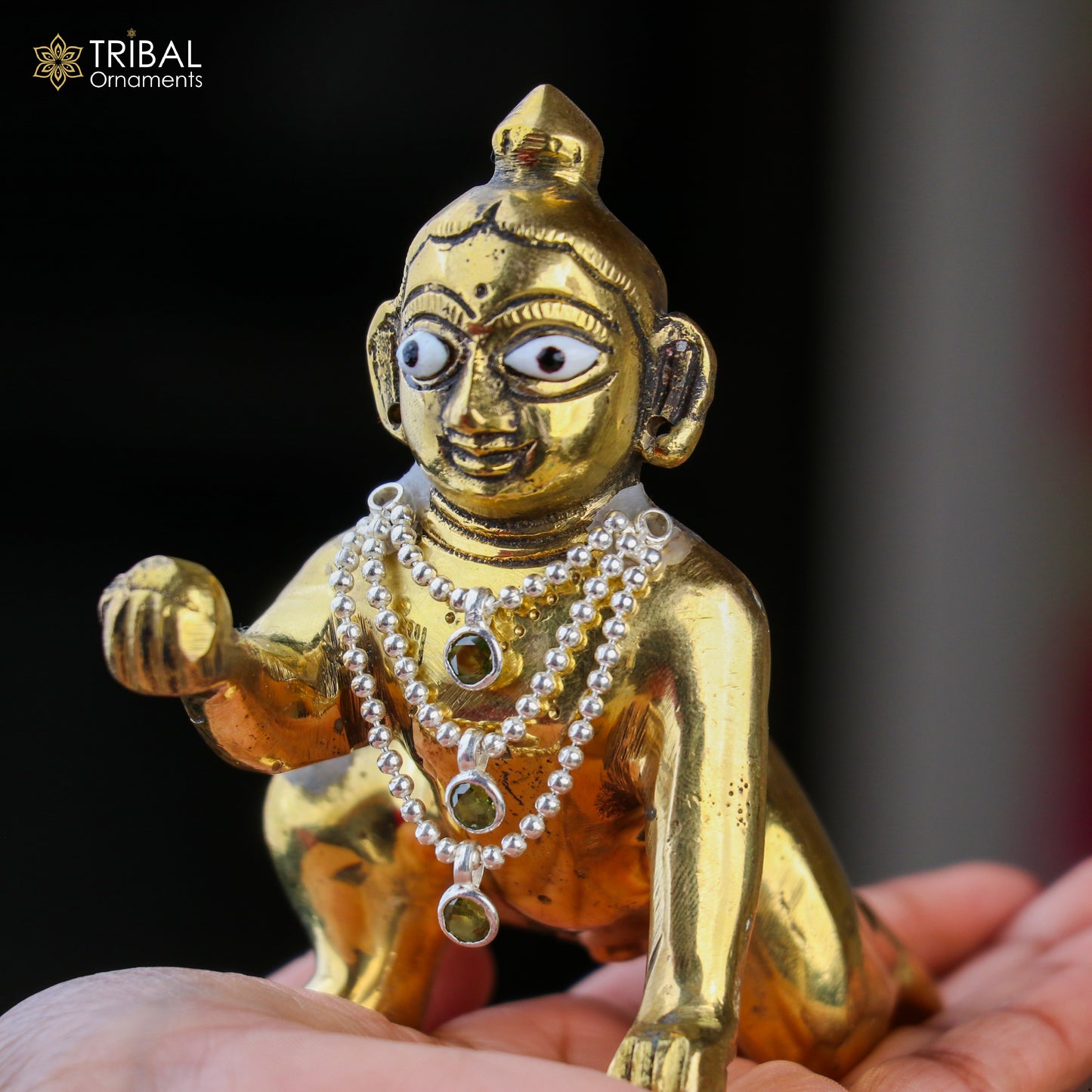 Sterling silver 3-line beaded chain necklace for Lord Krishna Laddu Gopala jewelry set by TRIBAL ORNAMENTS.