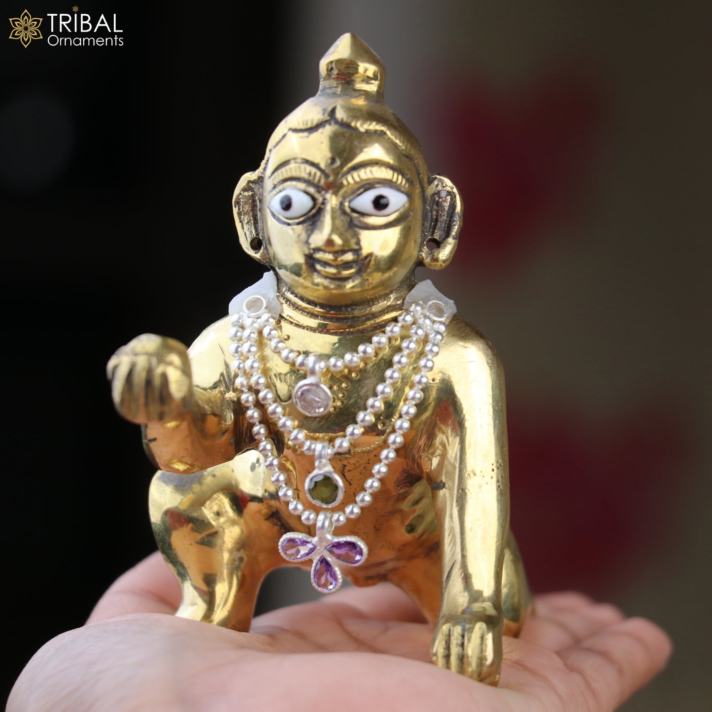 925 sterling silver 3-line beaded chain necklace for Lord Krishna Laddu Gopala jewelry set, featuring detailed beaded design.