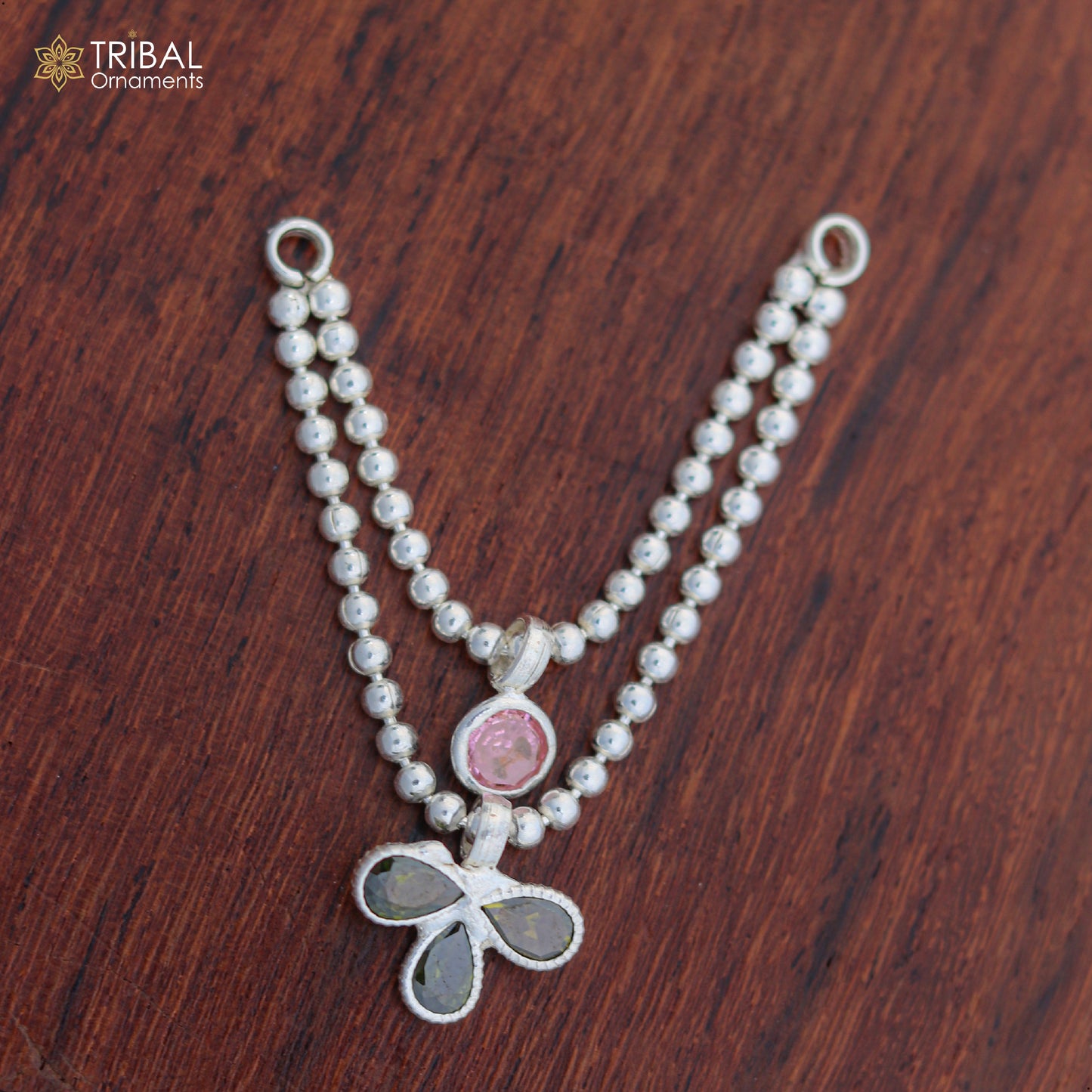 Sterling silver 2-line beaded chain necklace for Lord Krishna Laddu Gopala jewelry set by TRIBAL ORNAMENTS, with intricate bead details.