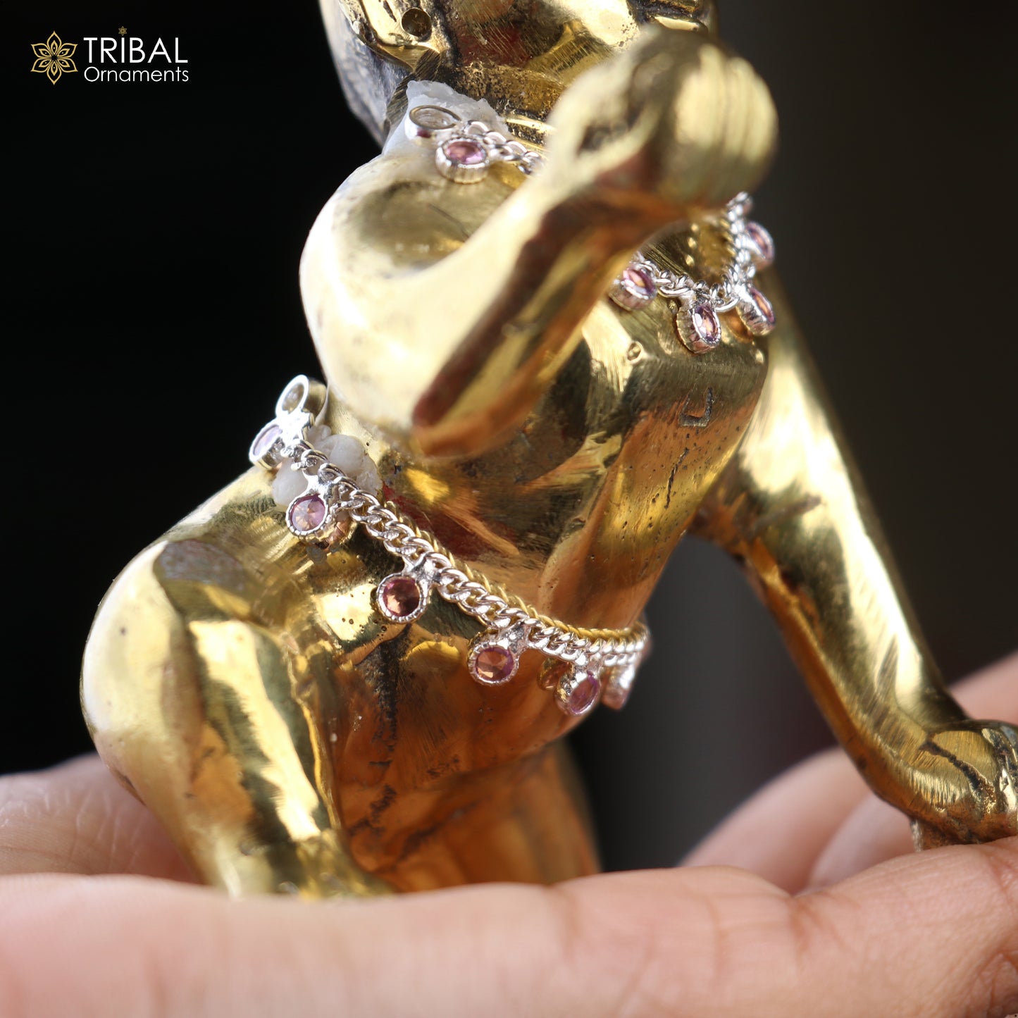 Sterling silver Lord Krishna necklace and waist belt jewelry set with intricate Laddu Gopala design by TRIBAL ORNAMENTS