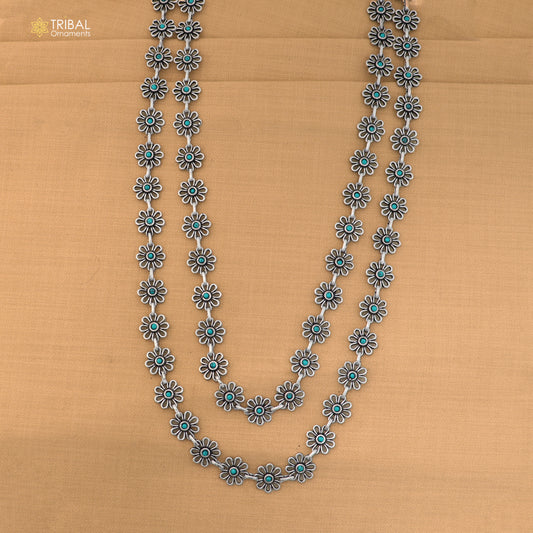 925 sterling silver floral style turquoise stone 2 line necklace set ethnic jewelry set873