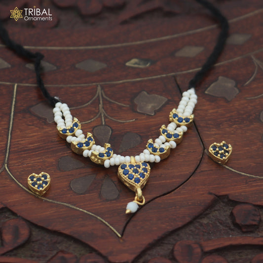 925 sterling silver pearl and blue stone necklace for idols or god statues gold polished jewelry set900