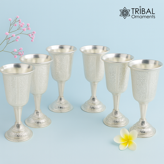 925 sterling silver handmade engraved floral design set of 6 wine glass, best gifting glasses, silver utensils, silver articles water glass