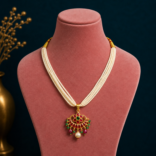 Sterling silver jewelry set with green and red kundan pendant, trendy necklace with multiline pearl strings, by TRIBAL ORNAMENTS.