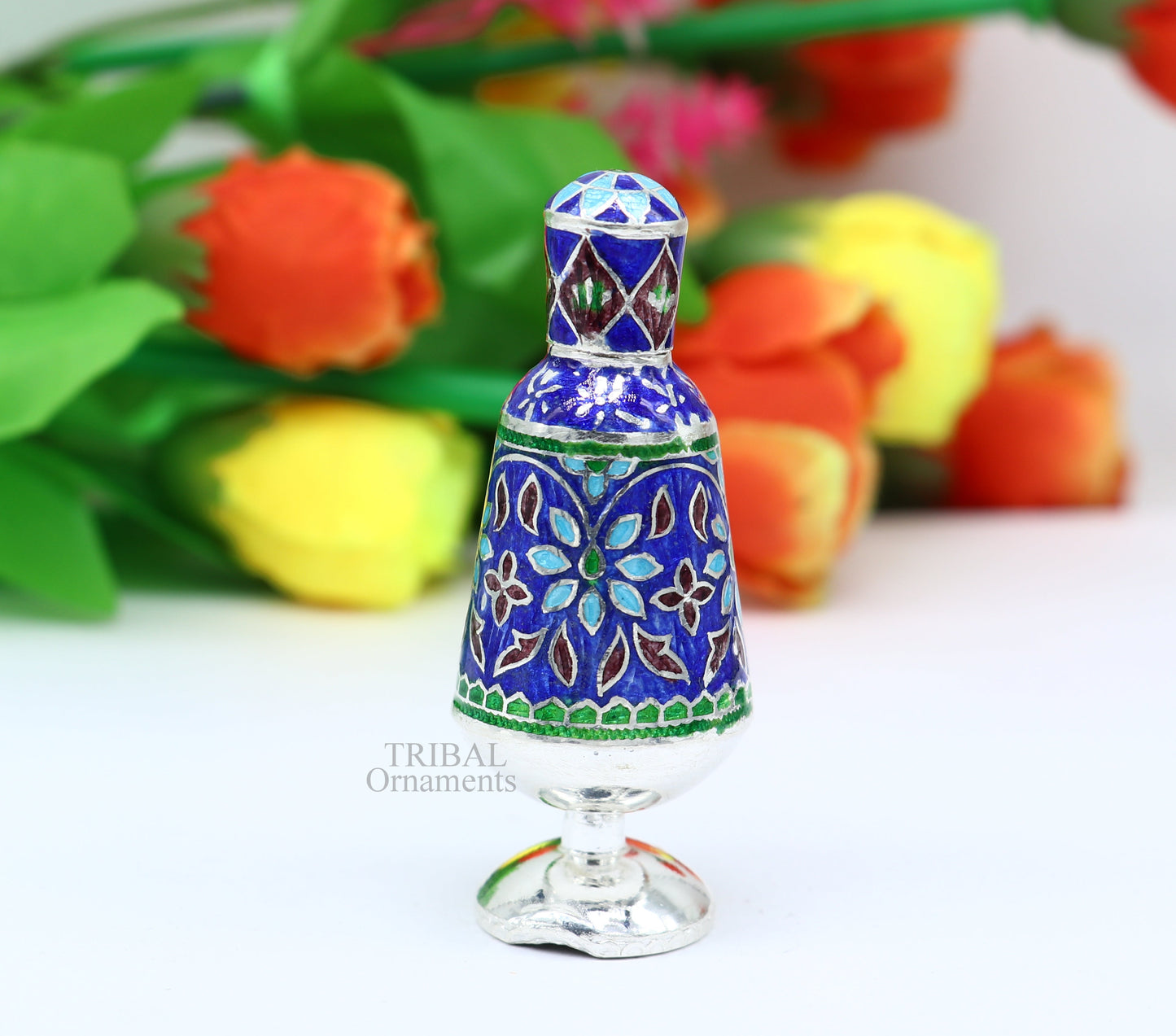 Vintage floral design 925 sterling silver Sindoor box, Kumkum box/ trinket box bridal enamel jewelry collection from Rajasthan india stb149 - TRIBAL ORNAMENTS