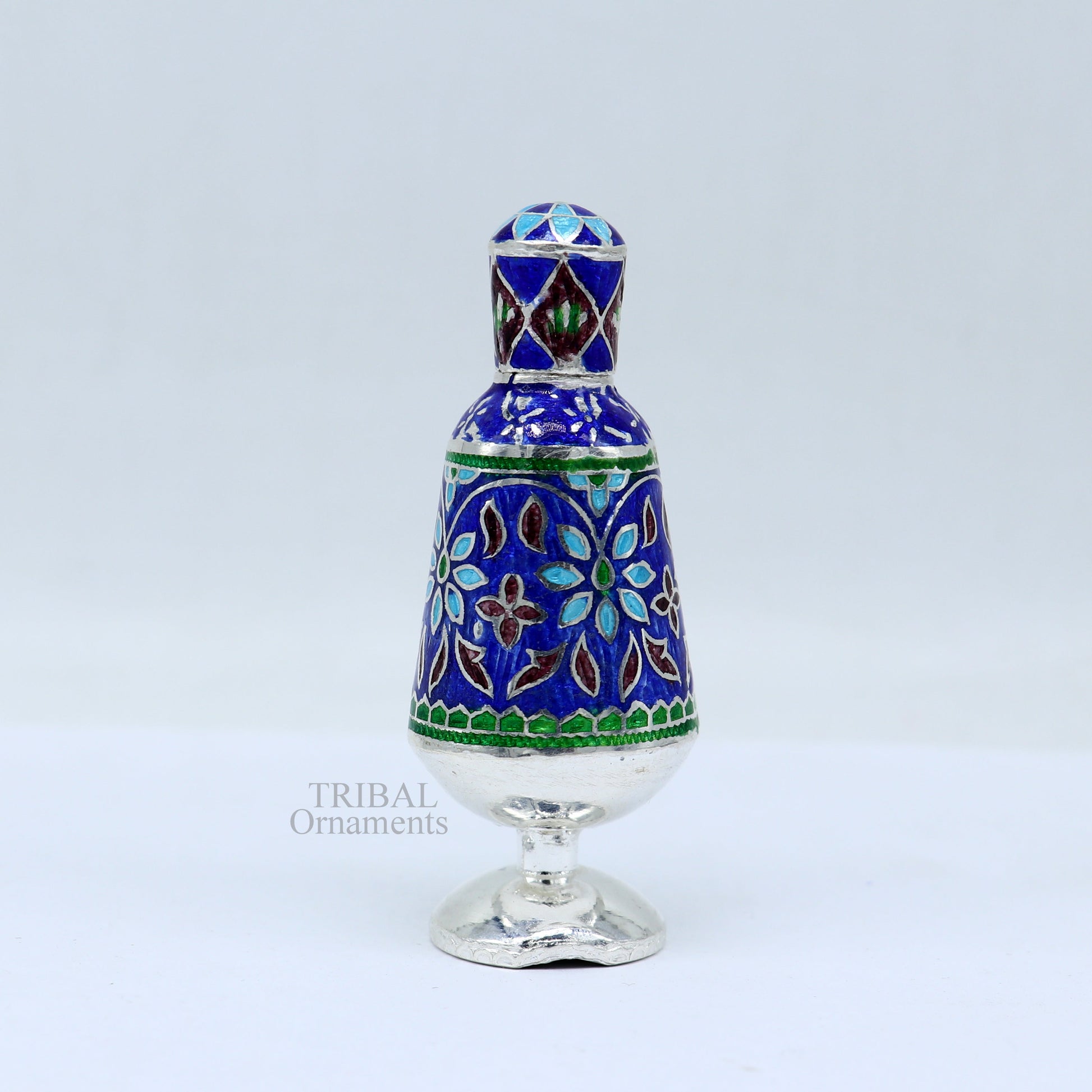 Vintage floral design 925 sterling silver Sindoor box, Kumkum box/ trinket box bridal enamel jewelry collection from Rajasthan india stb149 - TRIBAL ORNAMENTS