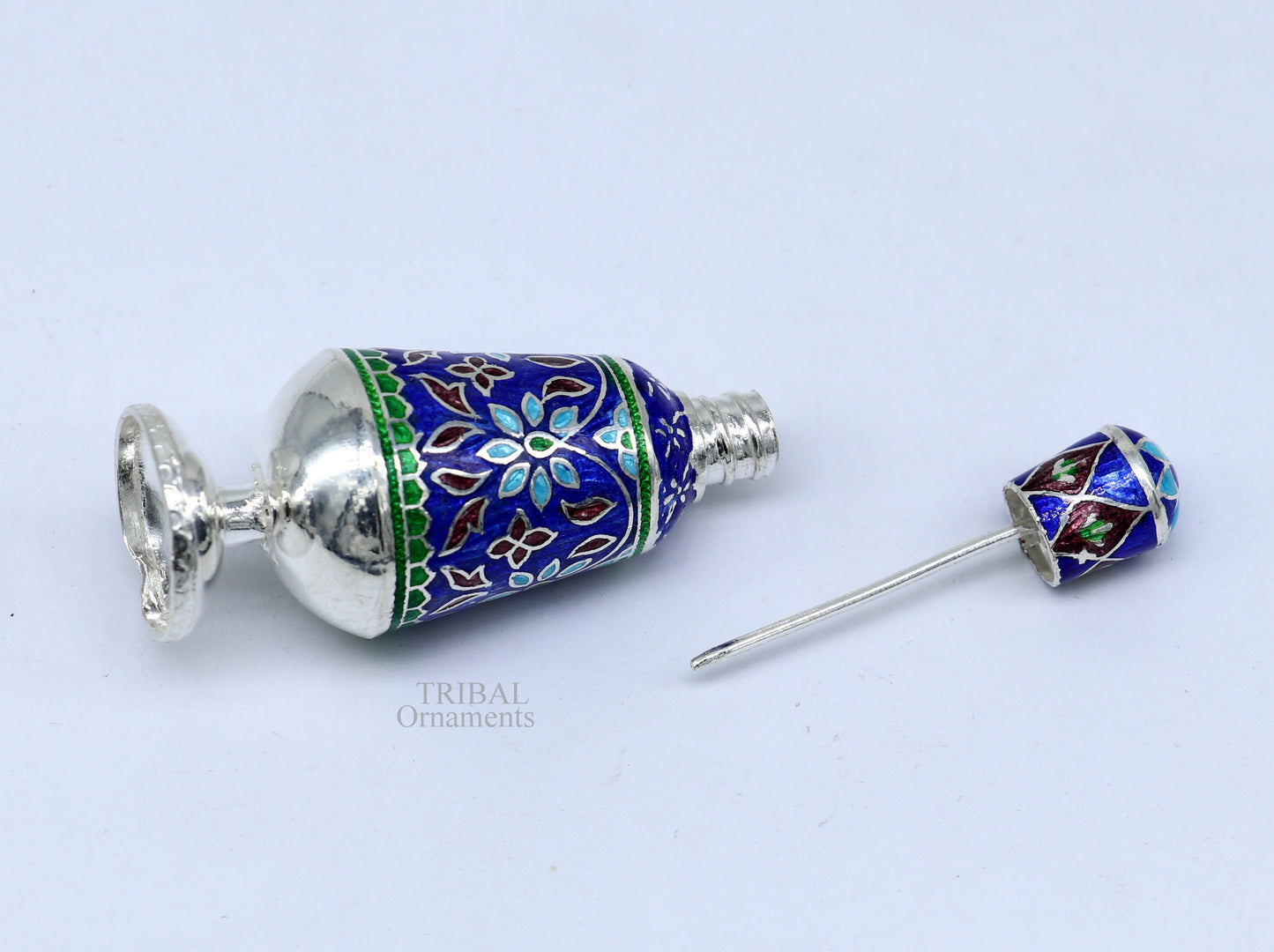 Vintage floral design 925 sterling silver Sindoor box, Kumkum box/ trinket box bridal enamel jewelry collection from Rajasthan india stb149 - TRIBAL ORNAMENTS