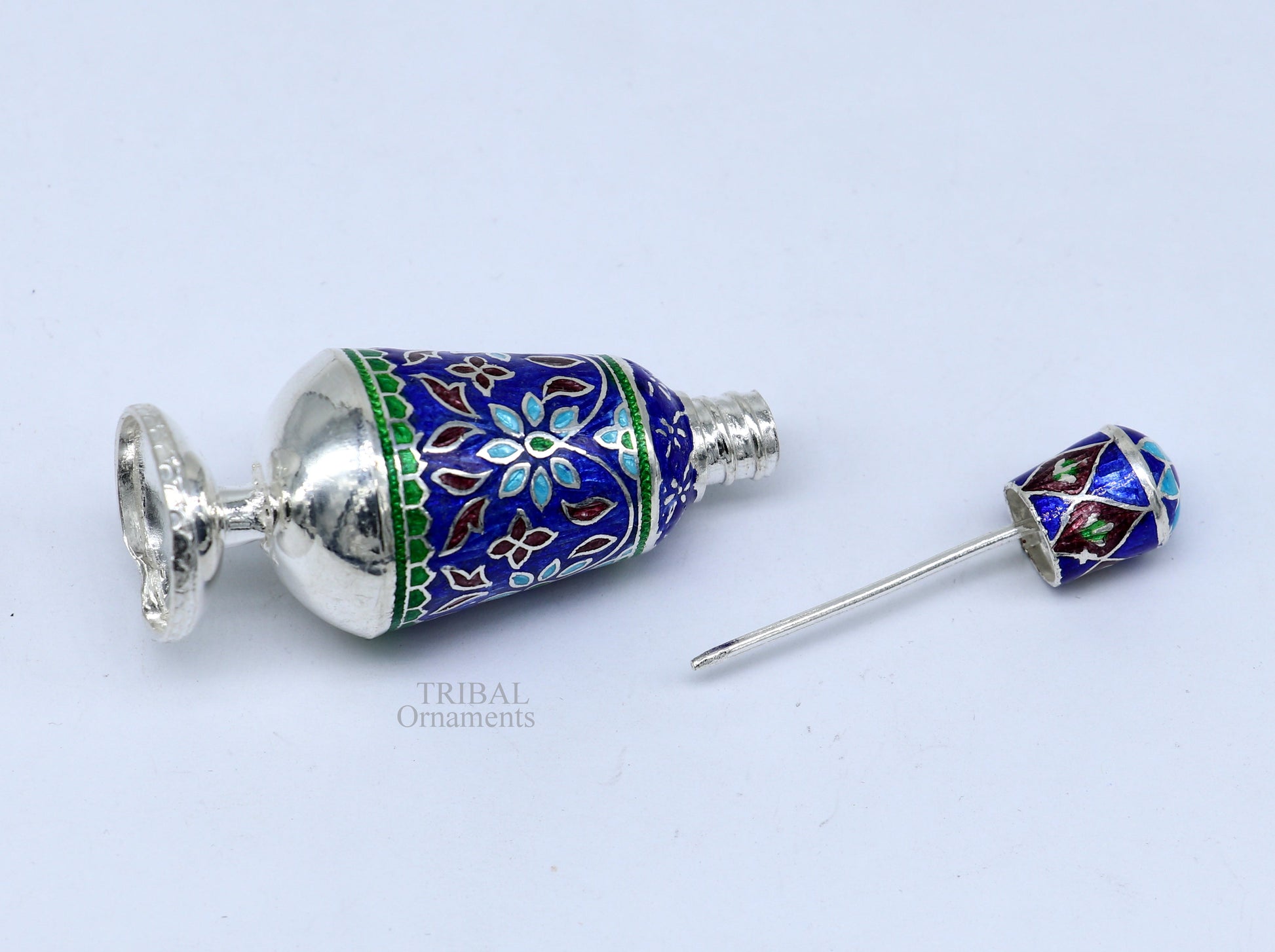 Vintage floral design 925 sterling silver Sindoor box, Kumkum box/ trinket box bridal enamel jewelry collection from Rajasthan india stb149 - TRIBAL ORNAMENTS