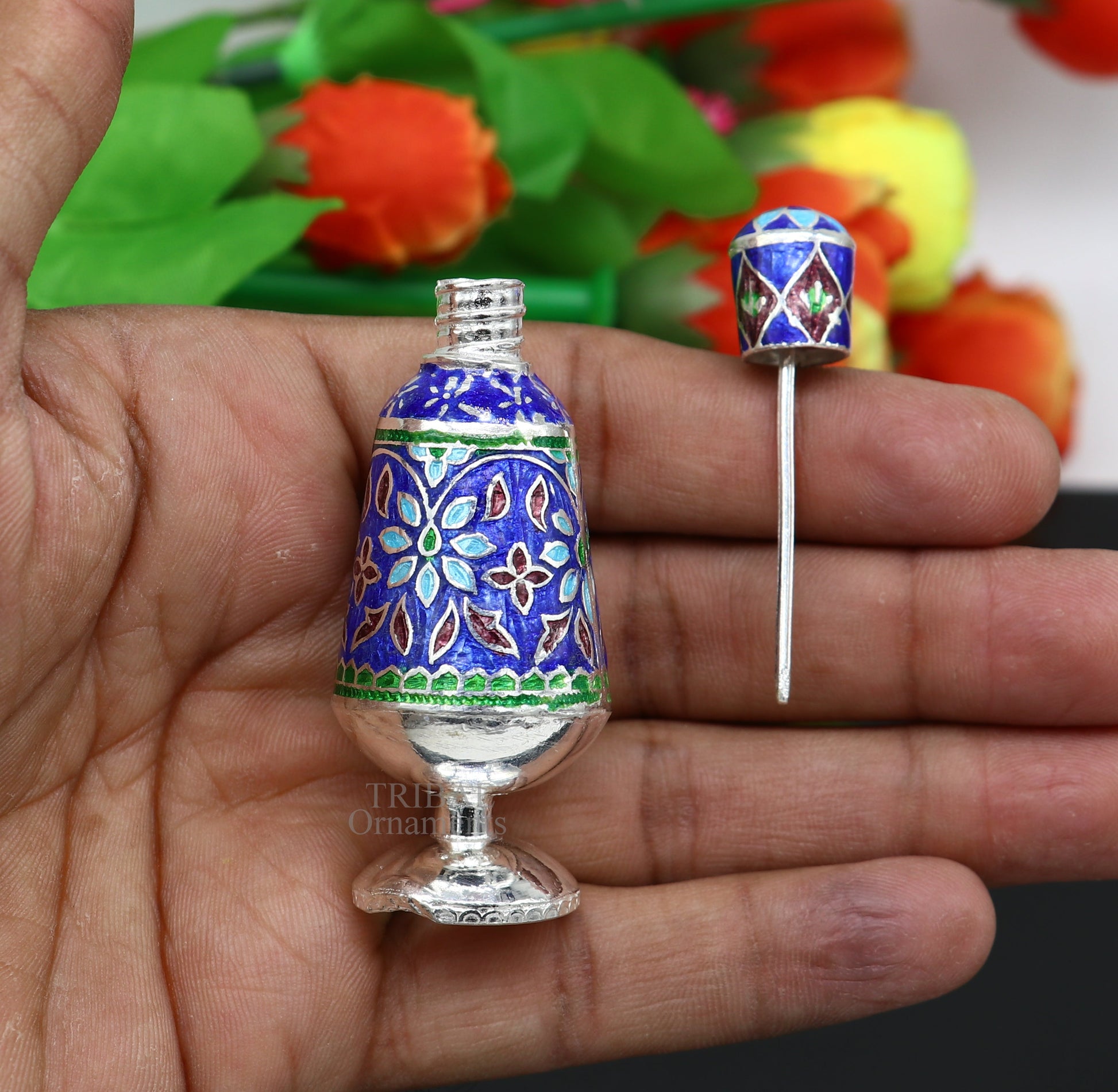 Vintage floral design 925 sterling silver Sindoor box, Kumkum box/ trinket box bridal enamel jewelry collection from Rajasthan india stb149 - TRIBAL ORNAMENTS