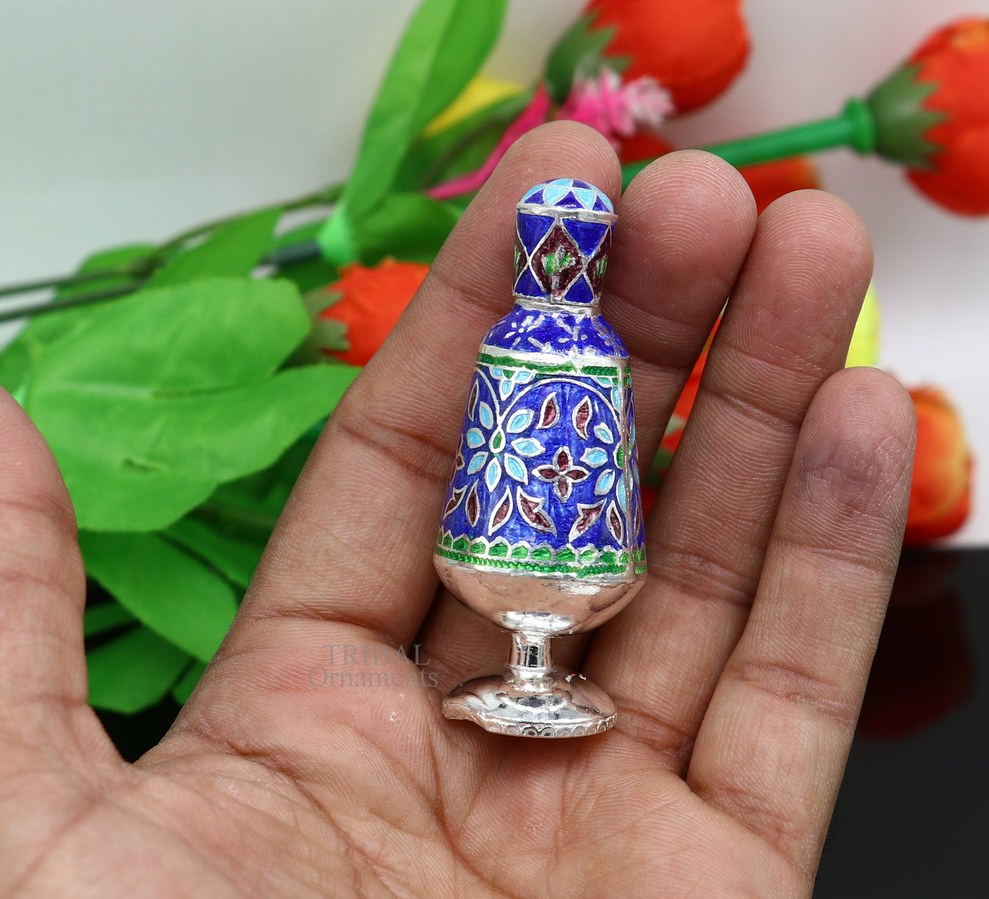 Vintage floral design 925 sterling silver Sindoor box, Kumkum box/ trinket box bridal enamel jewelry collection from Rajasthan india stb149 - TRIBAL ORNAMENTS