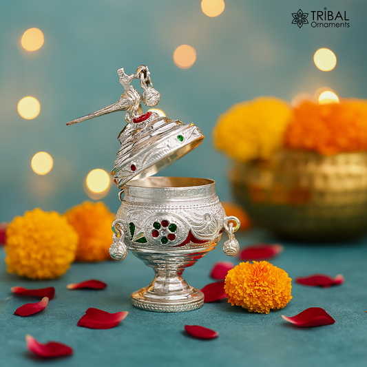 925 sterling silver handmade enamel design vintage trinket box Krishna Prasadam serving box , brides accessories, kumkum sindur box stb158