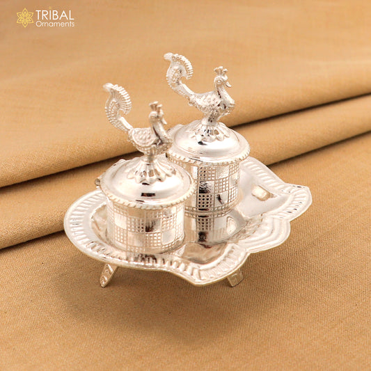 925 sterling silver handmade fabulous peacock design combo of two trinket box for kumkum sindur abil gulal rice best puja article stb826