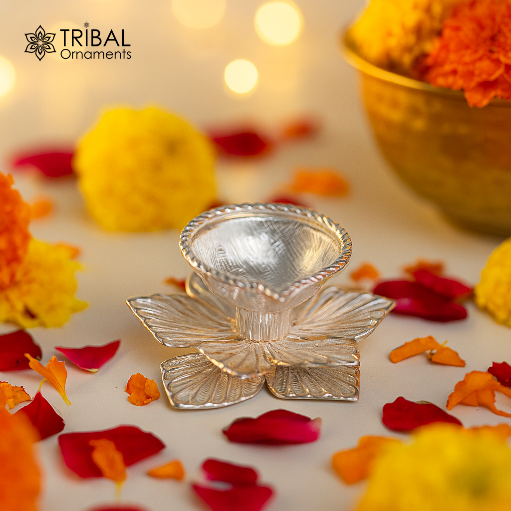 925 sterling silver handcrafted flower design lamp/ Deepak, article, puja utensils, silver figurine su1066