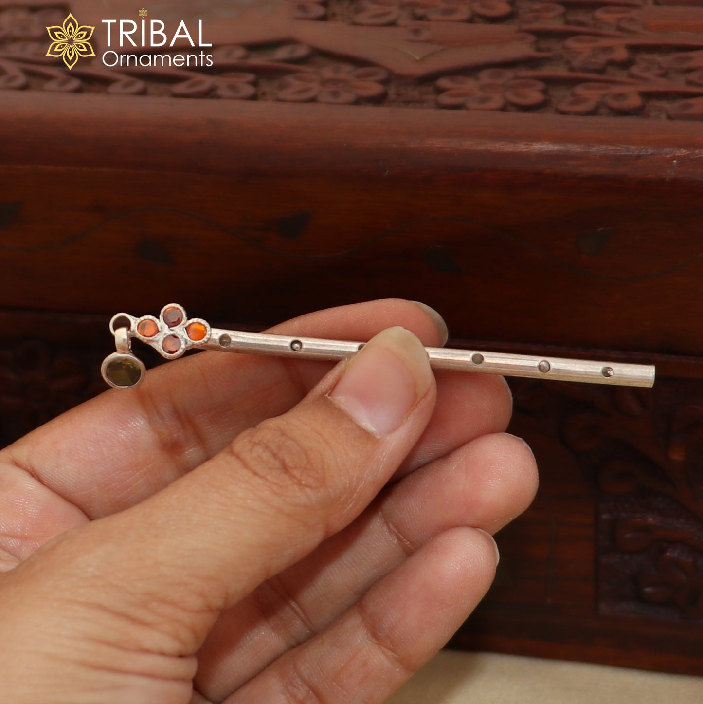 925 sterling silver stone design bansuri laddu Gopala flute, Krishna flute su1427