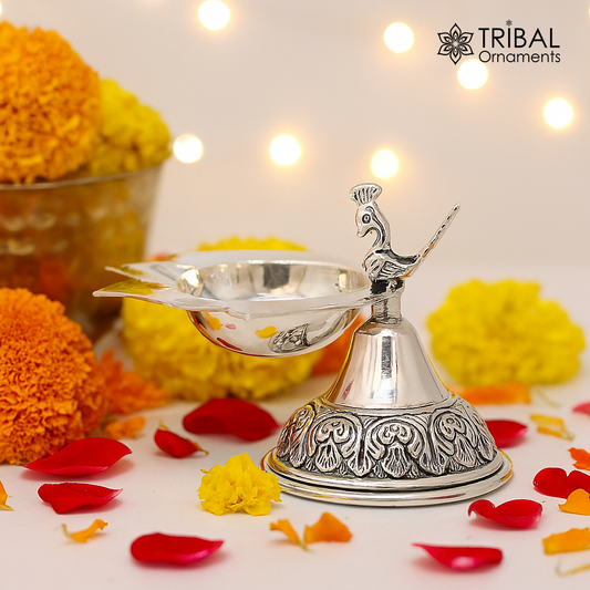 Fine 925 silver handmade kandrai work peacock design oil lamp, diya, deepak/dipak, silver utensil best gifting silver article utensils su144
