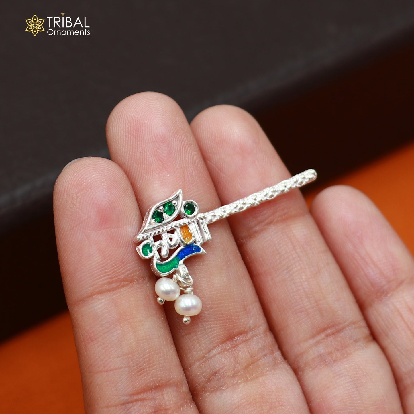 925 sterling silver stone design bansuri laddu Gopala flute, Krishna flute su1440