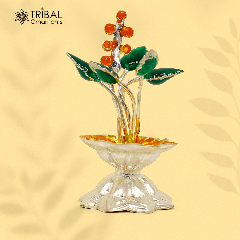 925 sterling silver handmade mini tulsi plant basil rosary plant for puja temple article, excellent customized silver utensils article su157