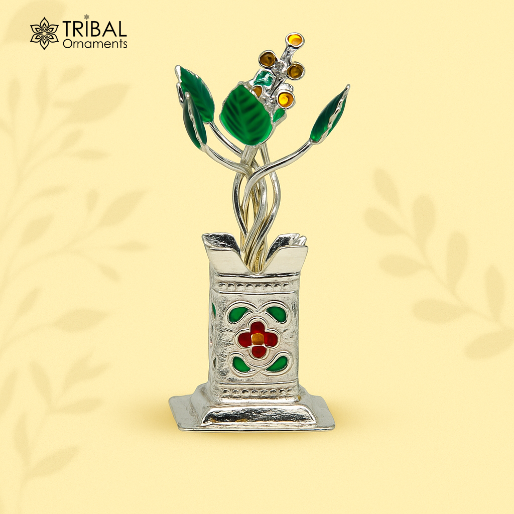 925 sterling silver handmade mini tulsi plant basil rosary plant for puja temple article, excellent customized silver utensils art su158