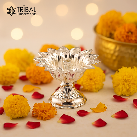 Fine 999 silver handmade flower shape oil lamp, silver temple utensils, silver diya, deepak, silver vessels, silver art decorative art su174