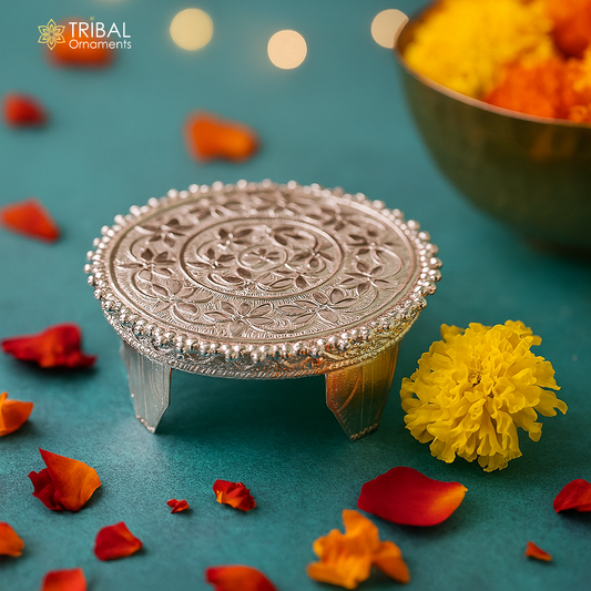 Vintage design Sterling silver handmade customize small round shape table/bazot/chouki, excellent home puja utensils temple art su429