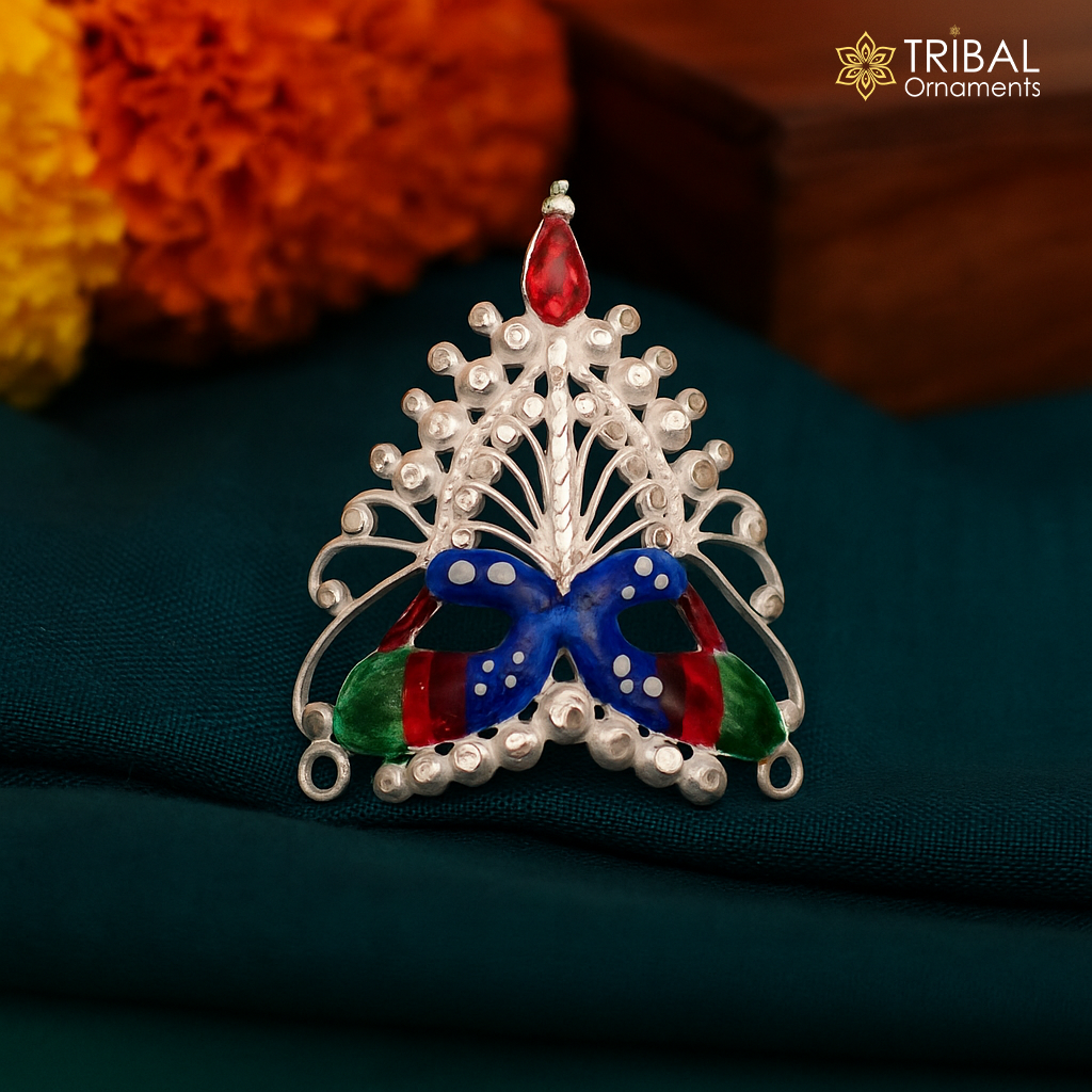 Baby krishna crown or mukut fabulous enamel peacock design solid silver handmade idol krishna mukut gifting crawling krishna jewelry su527
