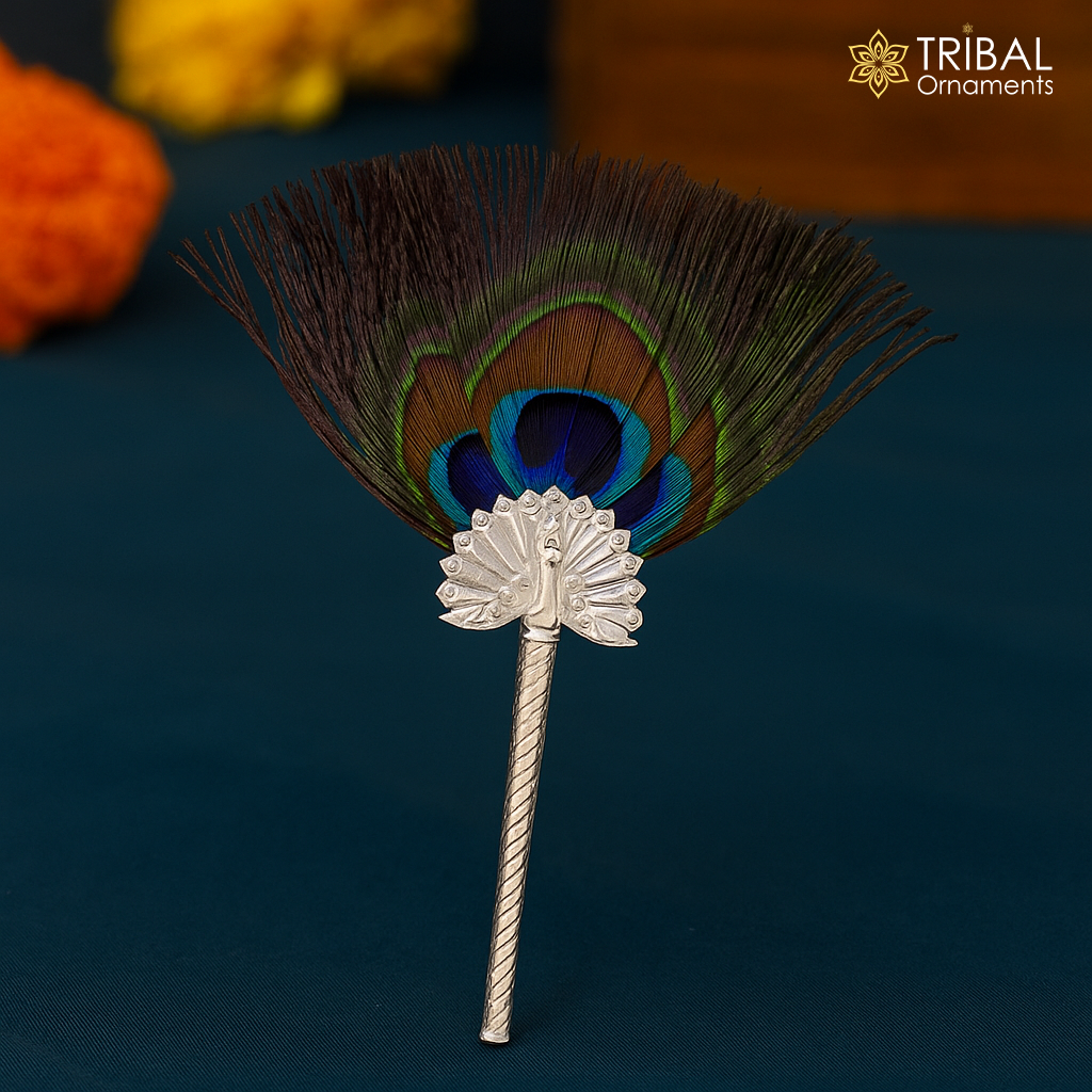 Vintage antique style handmade Mor chhadi, with peacock feather, best lord krishna laddu gopal gift, silver pankhi silver mor chadi su611
