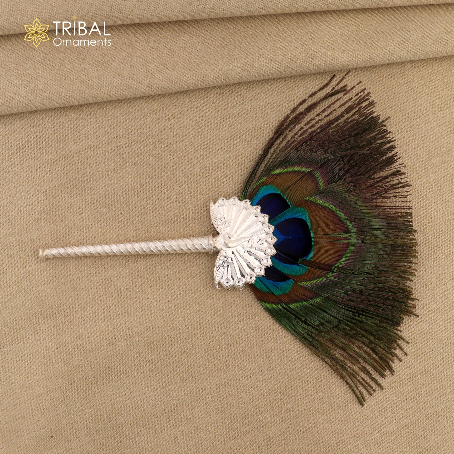 Vintage antique style handmade Mor chhadi, with peacock feather, best lord krishna laddu gopal gift, silver pankhi silver mor chadi su611