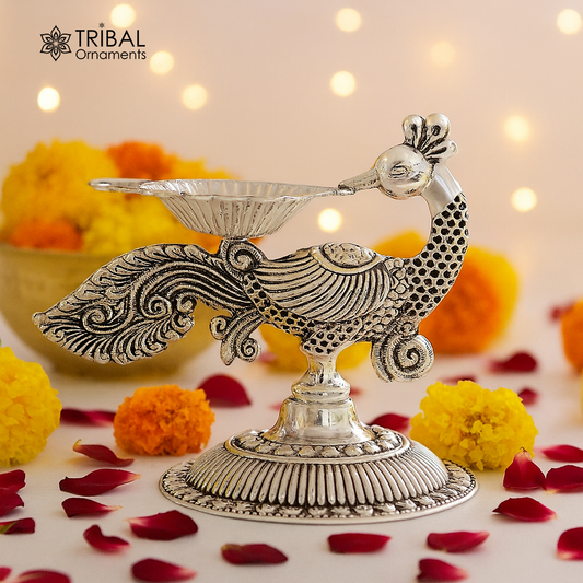925 Sterling silver customized kandrai/chitai work vintage peacock design oil lamp, silver deepak, silver diya, silver articles su86