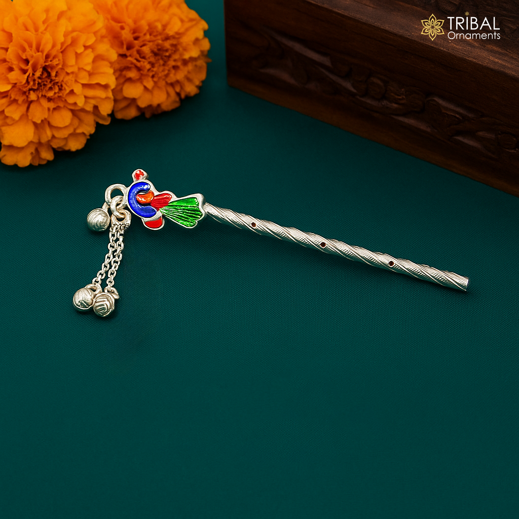 4 inches sterling silver handmade idol baby Krishna small flute, silver Bansuri, Laddu Gopala flute, little Krishna flute puja art su961
