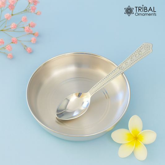 999 sterling silver handmade silver plate tray and spoon set, silver baby vessels set , silver vessels , silver utensils from india sv04
