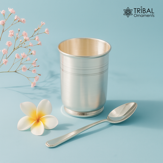 999 fine solid silver handmade water glass or milk tumbler and spoon, best baby set, excellent baby gifting utensils, silver article sv121
