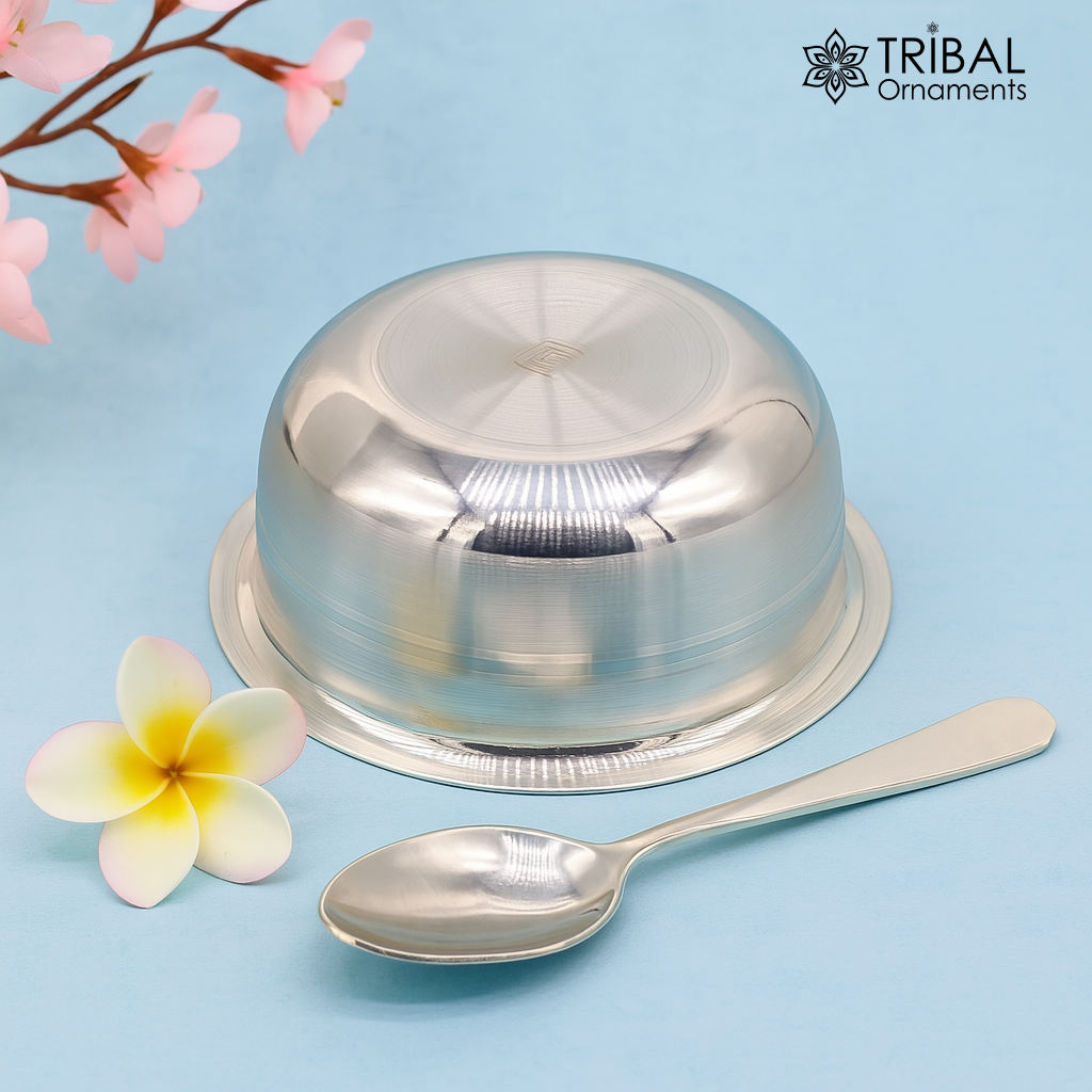 999 Fine silver handmade solid bowl and spoon, silver utensils, baby food bowl, baby kitchen set for baby rice ceremony or baby gift sv180