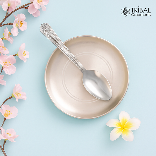 Handmade 999 fine solid silver plate tray for baby food, pure silver vessels, silver utensils, home and kitchen accessories sv26