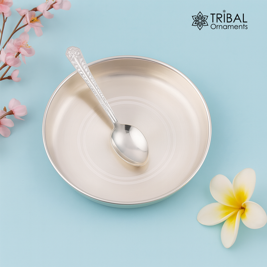 Pure 999 solid fine silver handmade palate or tray with spoon, excellent serving to baby kids food milk, silver utensils, vessels sv32