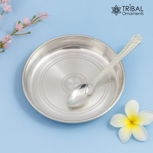 Pure 999 solid fine silver handmade plate or tray with spoon, excellent serving to baby kids food milk, silver utensils, vessels sv33