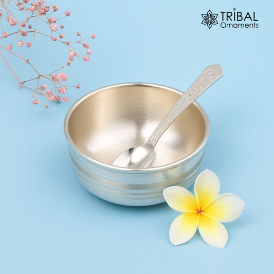 999 fine silver handmade bowl and spoon set, silver has antibacterial properties,stay baby/kids healthy, silver vessels utensils sv48