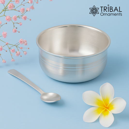 999 pure fine silver handmade silver bowl and spoon set, silver utensils silver art, tray stay baby/kids healthy, silver vessels sv76