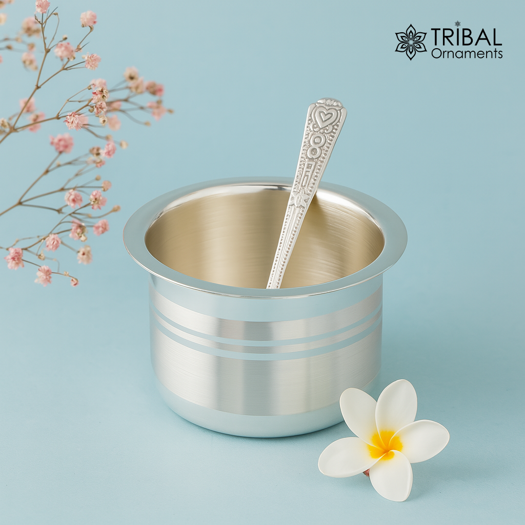 999 pure silver handmade solid bowl and spoon, silver baby feeding set tumbler bowl, stay healthy, silver utensils for rice ceremony sv78