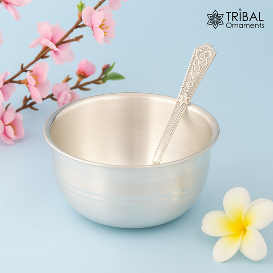 999 pure silver handmade solid bowl and spoon, table serving bowl, silver vessels, food serving utensils set, silver kitchen tools art sv84