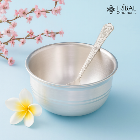 999 pure silver handmade solid bowl and spoon, table serving bowl, silver vessels, food serving utensils, silver kitchen art baby set sv85