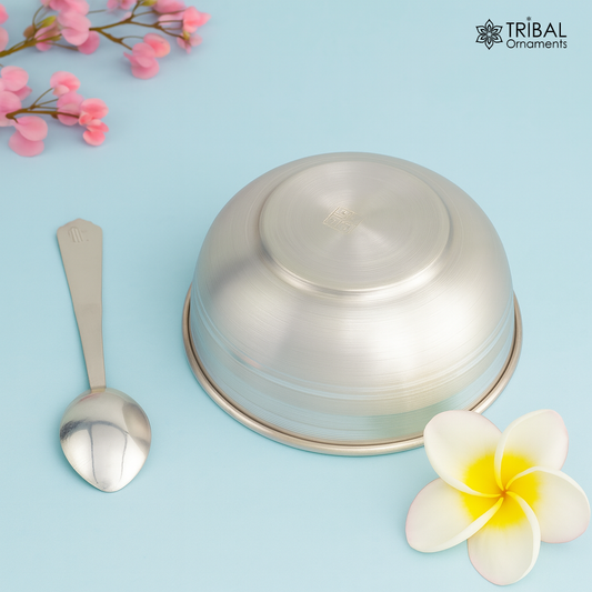 999 solid pure silver handmade utensils bowl and spoon, table serving bowl, silver vessel, baby feeding, silver kitchen art baby set sv88