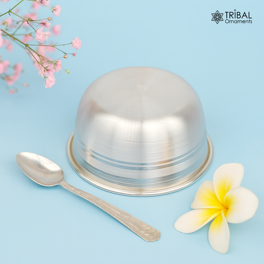 999 solid pure silver handmade utensils bowl and spoon, table serving bowl, silver vessel, baby feeding, silver kitchen art baby set sv89