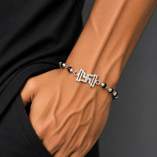 925 sterling silver Swastik design rudraksh/black tulsi and silver beads bracelet rakhi rk411