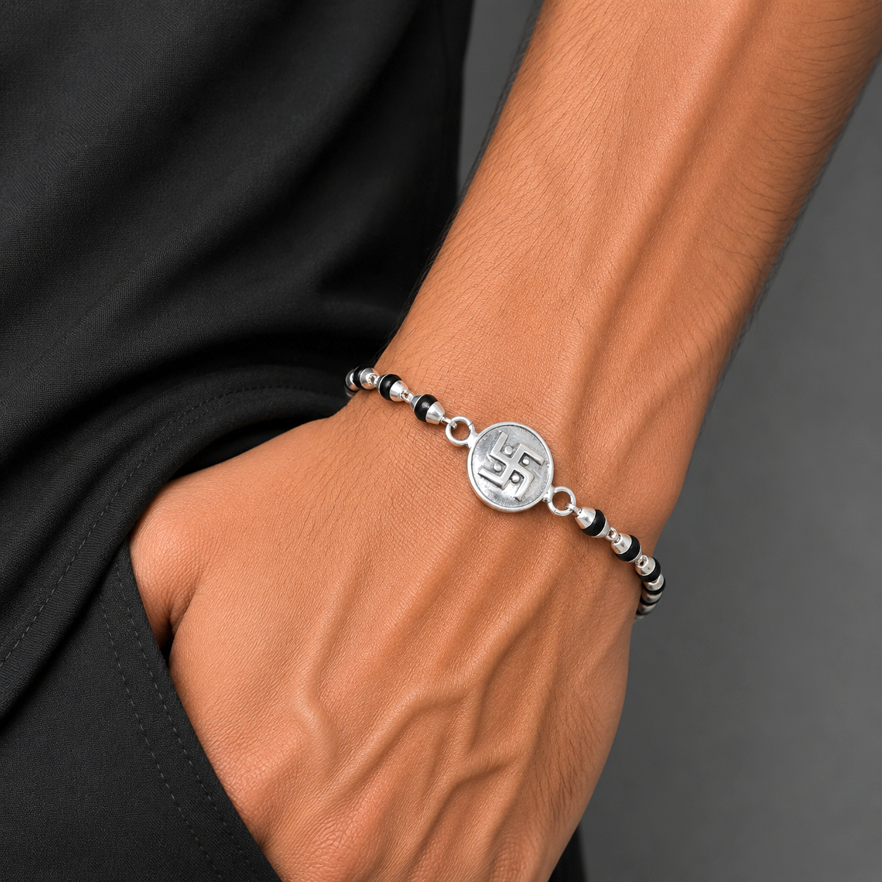 925 sterling silver Swastik design black Tulsi beads bracelet rakhi rk400